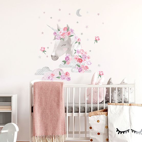 Wall sticker Unicorn with flowers - pink