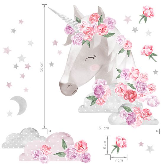 Wall sticker Unicorn with flowers - pink