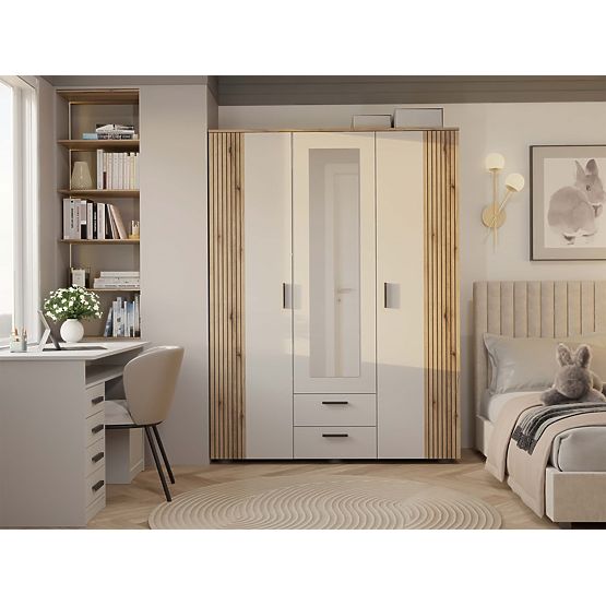 WARDROBE AVA 150 CM MIRROR 2 DRAWERS GROOVED FRONT OAK EVOKE CASHMERE BEIGE