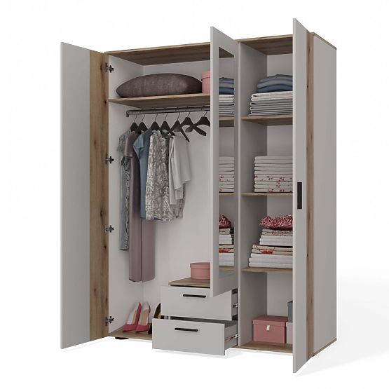 WARDROBE AVA 150 CM MIRROR 2 DRAWERS GROOVED FRONT OAK EVOKE CASHMERE BEIGE