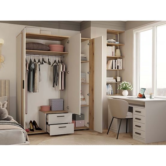 WARDROBE AVA 150 CM MIRROR 2 DRAWERS GROOVED FRONT OAK EVOKE CASHMERE BEIGE