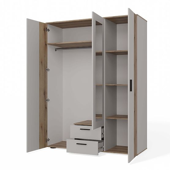 WARDROBE AVA 150 CM MIRROR 2 DRAWERS GROOVED FRONT OAK EVOKE CASHMERE BEIGE