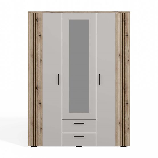 WARDROBE AVA 150 CM MIRROR 2 DRAWERS GROOVED FRONT OAK EVOKE CASHMERE BEIGE