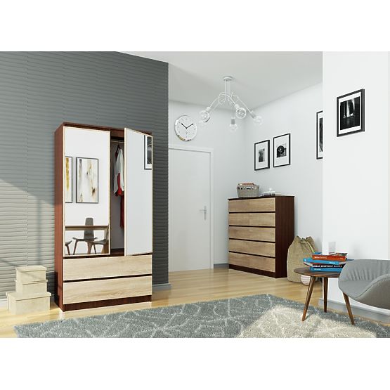 WARDROBE S 90 cm 2 DOORS 2 DRAWERS 2 MIRRORS PK WENGE / SONOMA