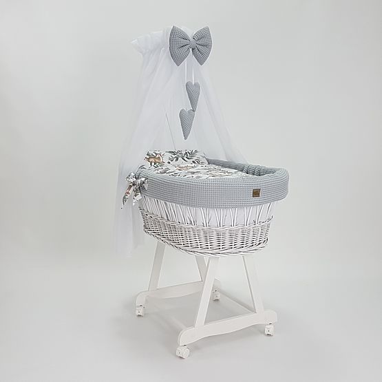 White Wicker Baby Cradle with Forest Animals Set