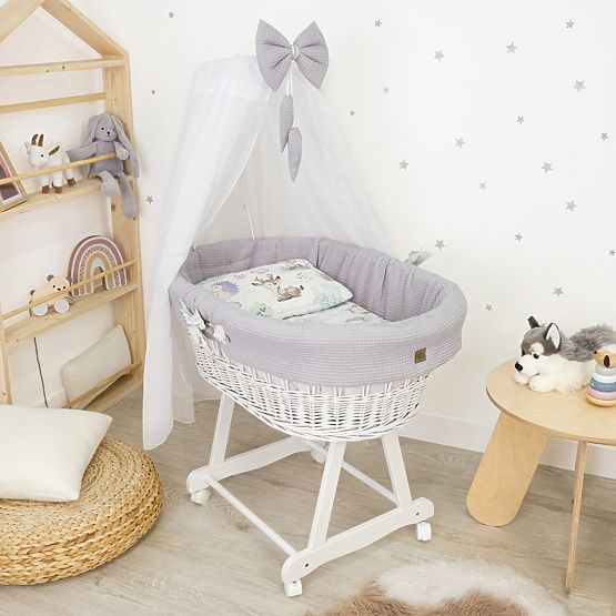White Wicker Crib with Baby Bedding - Hedgehog