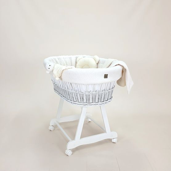 White Wicker Teddy Baby Cradle - Ecru Colored Set