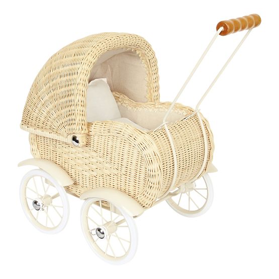 Wicker stroller for dolls - natural wood