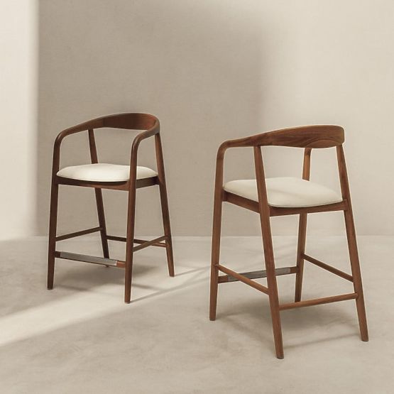 Wooden Bar Stool Ludvika 2.0, Rounded, Walnut/Cream