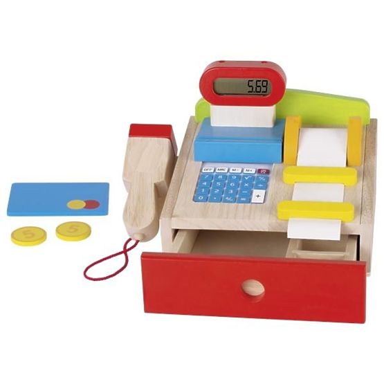 Wooden cash register with calculator