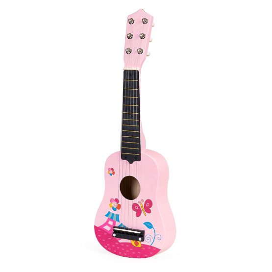 Wooden Children's Guitar Metal Strings Pick Pink ECOTOYS