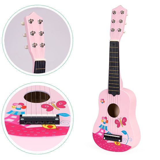 Wooden Children's Guitar Metal Strings Pick Pink ECOTOYS