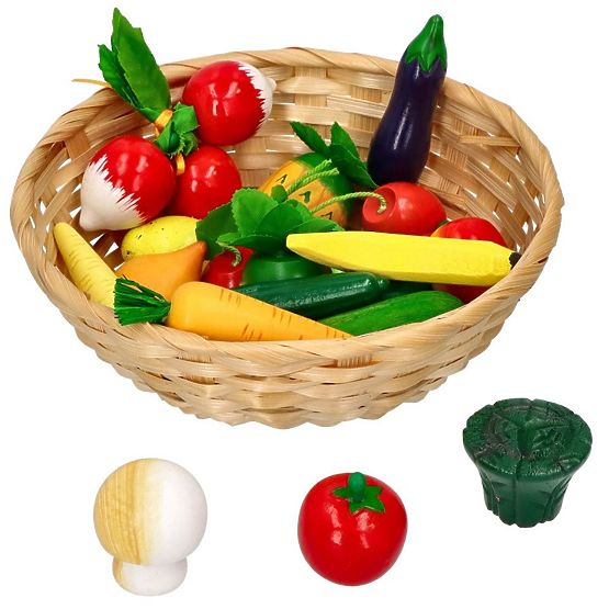 Wooden fruits and vegetables in a basket 21 pcs