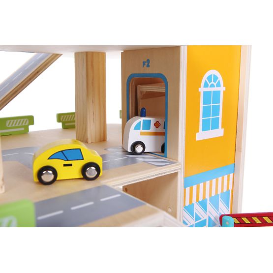Wooden garage with cars and lift