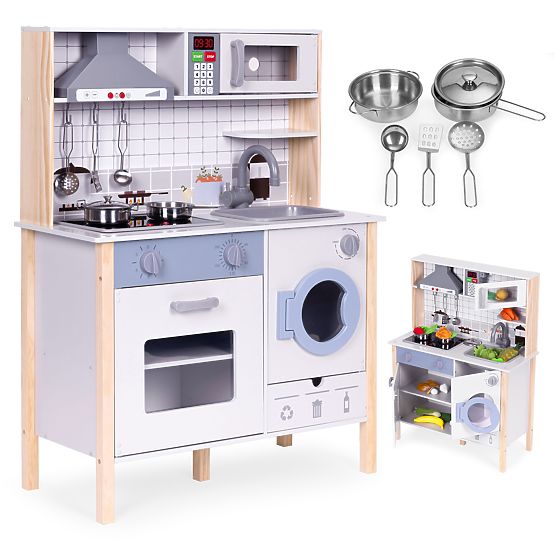 Wooden Kitchen for Kids with Sounds, LED Oven, Washing Machine, Kitchen Accessories ECOTOYS