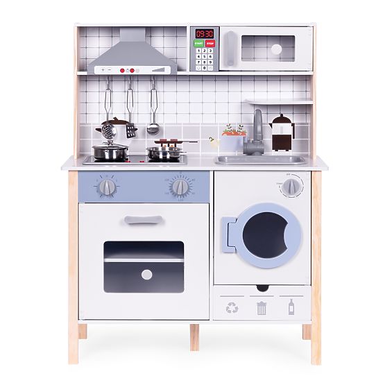 Wooden Kitchen for Kids with Sounds, LED Oven, Washing Machine, Kitchen Accessories ECOTOYS