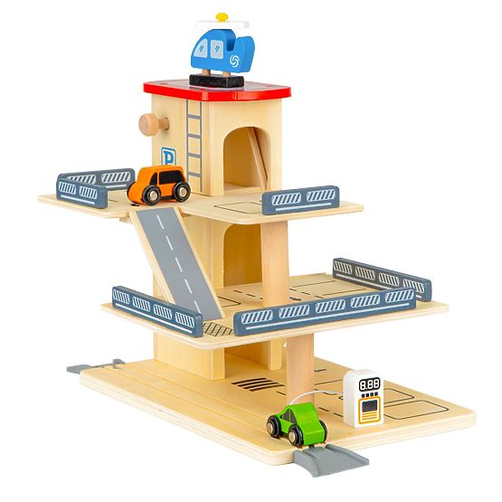 Wooden parking lot with toy cars and a helicopter