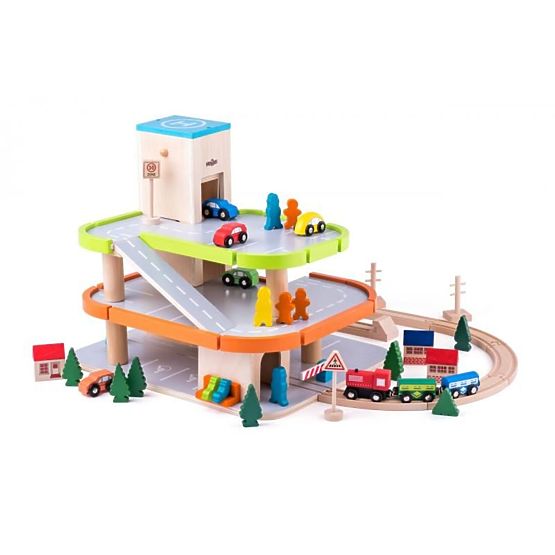 Wooden parking lot with lift