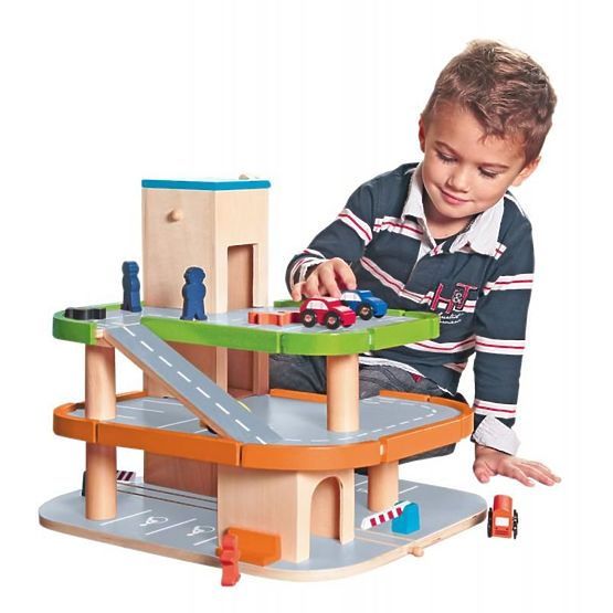 Wooden parking lot with lift