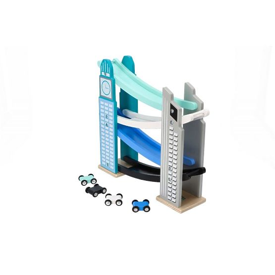Wooden slide with skyscrapers