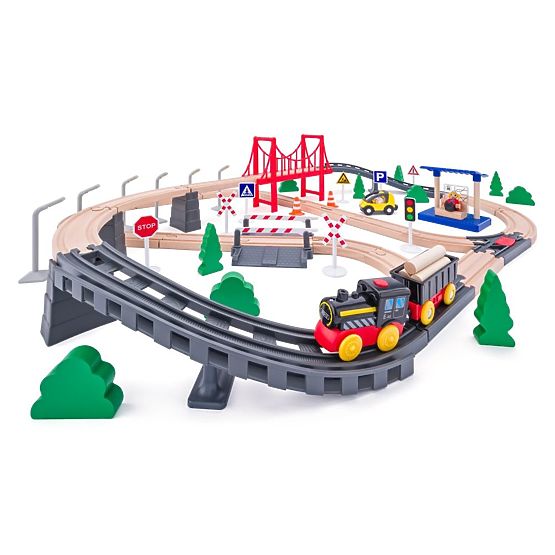 Wooden Train Set with Battery-Powered Locomotive, 80 Pieces
