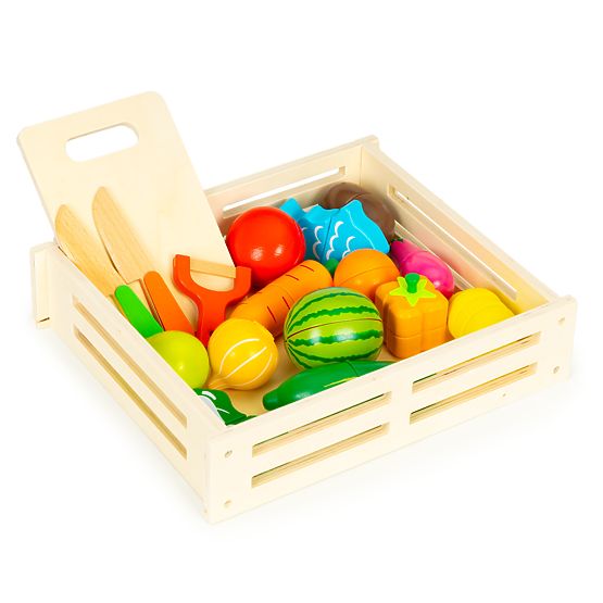 Wooden Vegetables and Fruits for Cutting 17 Pieces + Wooden Crate