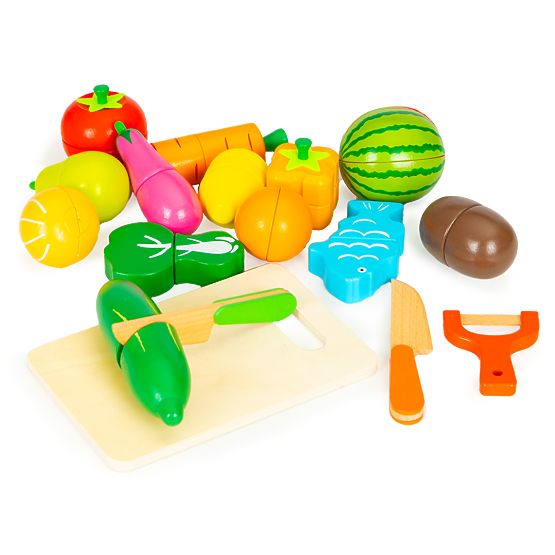 Wooden Vegetables and Fruits for Cutting 17 Pieces + Wooden Crate