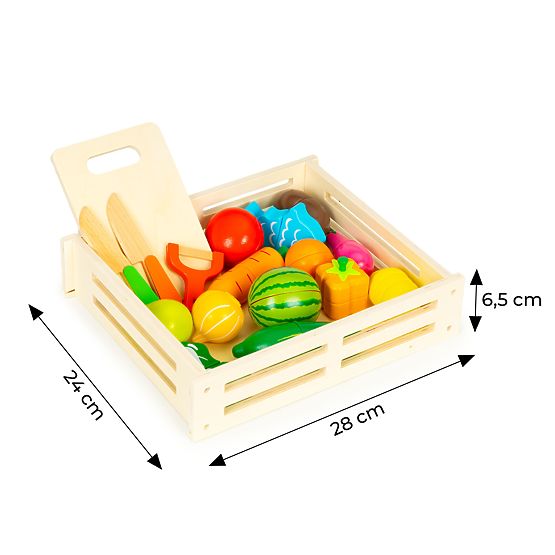 Wooden Vegetables and Fruits for Cutting 17 Pieces + Wooden Crate