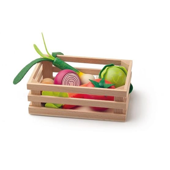 Wooden vegetables in a crate