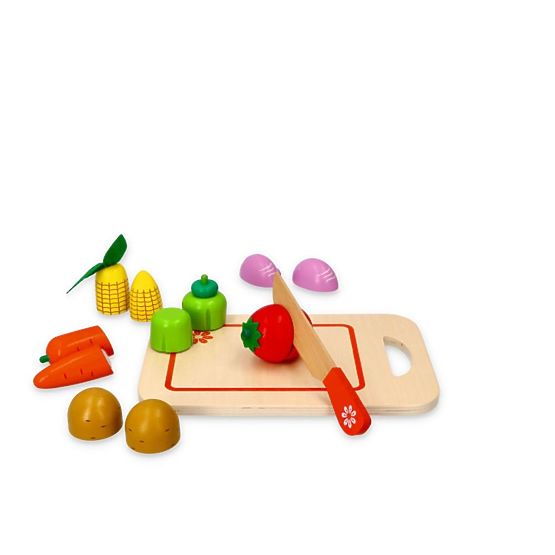 Wooden vegetables with a cutting board