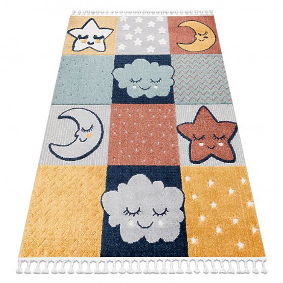 YOYO GD52 Carpet Gray/Yellow - Stars, Clouds, Patchwork for Children, Textured, Sensory Fringes