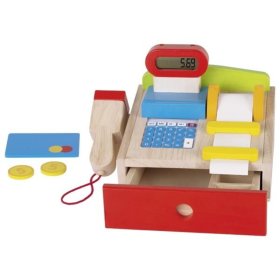 Wooden cash register with calculator, Goki