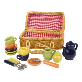 Small Foot Picnic basket with colorful ceramic dishes, small foot