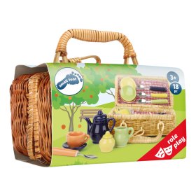 Small Foot Picnic basket with colorful ceramic dishes, small foot