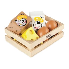 Tidlo Wooden crate with dairy products and eggs