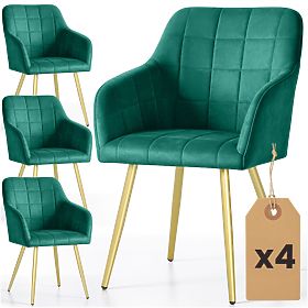 4x Upholstered Chair with Square Quilting Bottle Green LUXANO Gold Legs