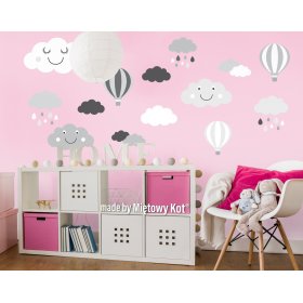 Wall Decoration - Grey-White Clouds and Balloons, Mint Kitten