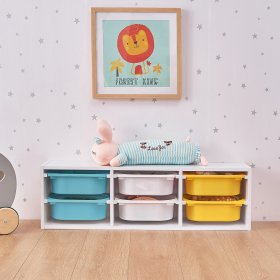 Shelf with storage boxes Explorer - blue / white / yellow, SENDA