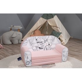Children's sofa Forest animals - pink-black-white
