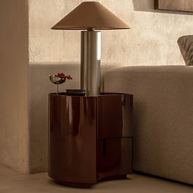 Vena bedside table with drawers, burgundy/brown, rounded, glossy