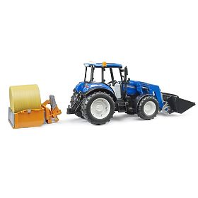 Bruder Tractor New Holland T5.120 with Front Loader, Tipping Trailer, Forks, and Round Bale