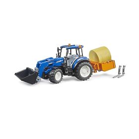 Bruder Tractor New Holland T5.120 with Front Loader, Tipping Trailer, Forks, and Round Bale