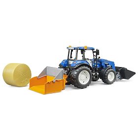 Bruder Tractor New Holland T5.120 with Front Loader, Tipping Trailer, Forks, and Round Bale