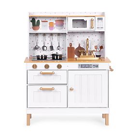 Children's Kitchen with Sounds and LED Wooden Large Opening Cabinets 7 Accessories ECOTOYS, EcoToys