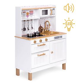 Children's Kitchen with Sounds and LED Wooden Large Opening Cabinets 7 Accessories ECOTOYS