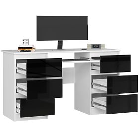 COMPUTER DESK A-11 135 cm 6 DRAWERS WHITE / BLACK GLOSS