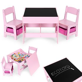 Children's Furniture Set Table + 2 Chairs with Blackboard Pink ECOTOYS, EcoToys