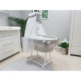 Wicker cot with equipment for baby - gray stars