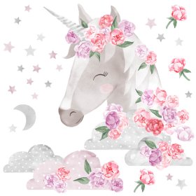 Wall sticker Unicorn with flowers - pink