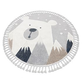 Round Carpet YOYO EY81 Gray/White - Bear, Mountains for Children, Structural, Sensory Fringes, F.H.Kabis